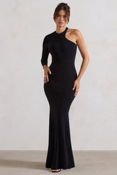 Tyra | Black Asymmetric Neck Cut Out Maxi Dress With Open Back Detail